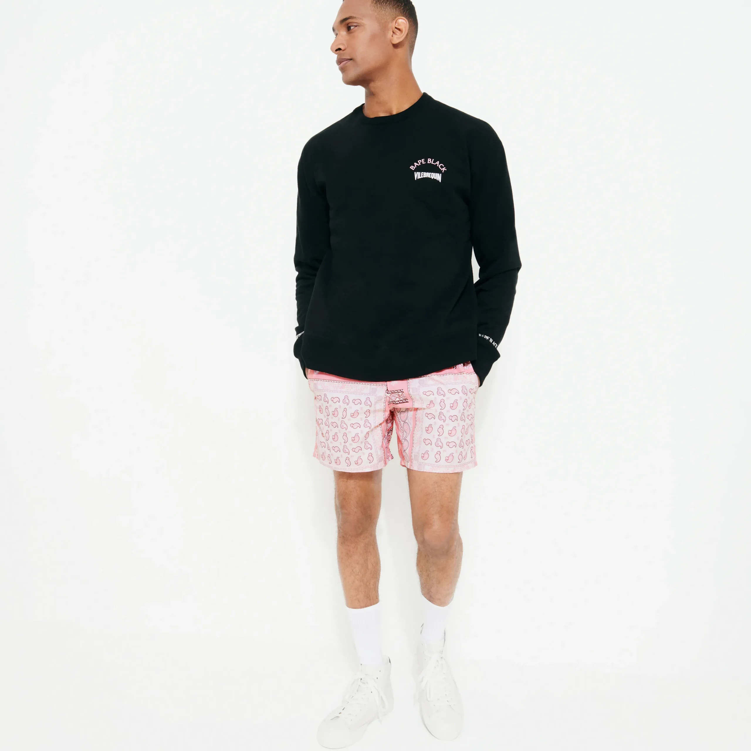 New Vilebrequin Men Swim Trunks Bandana - X Bape® Black Candy/Pink