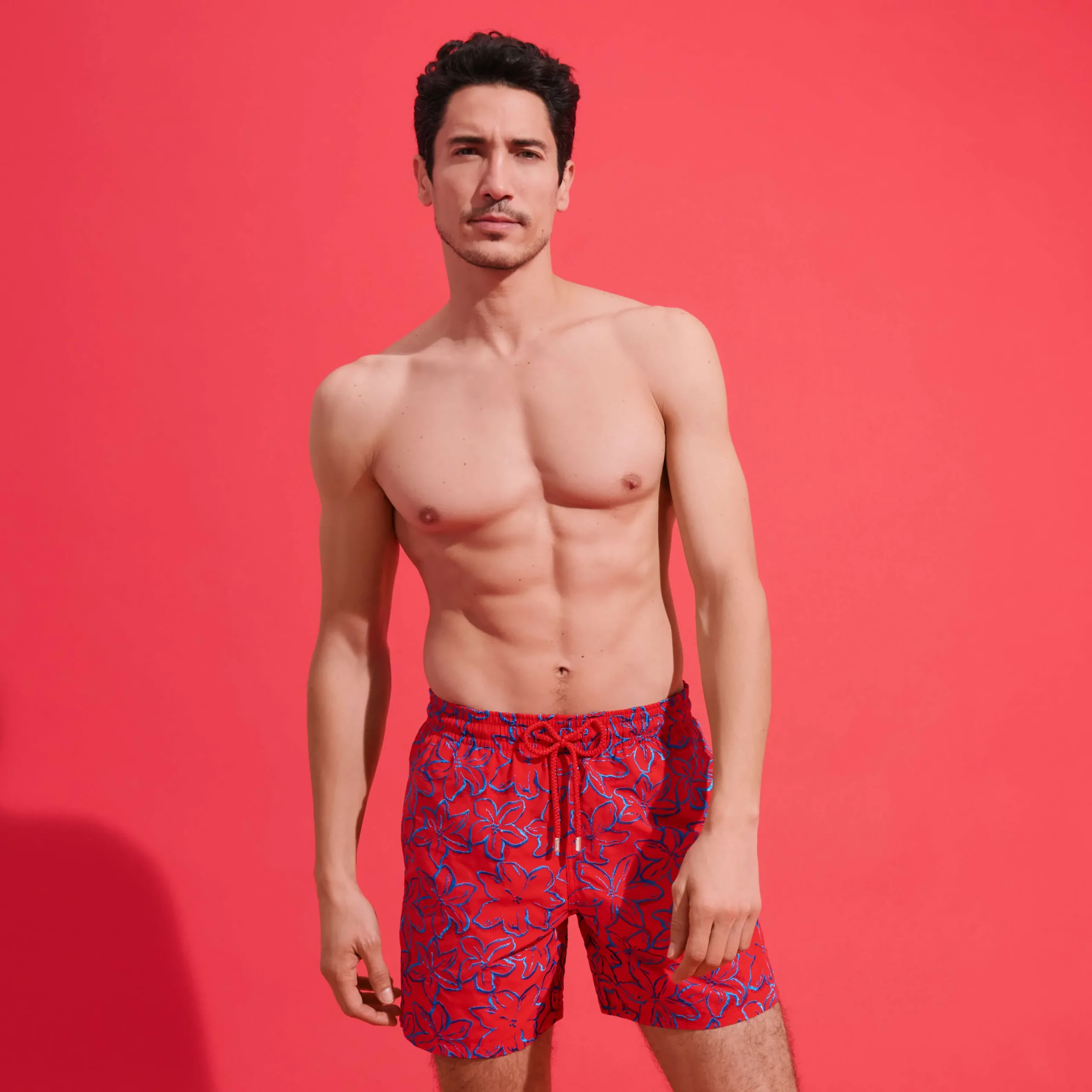 Discount Vilebrequin Men Swim Trunks Embroidered Raiatea - Limited Edition Poppy Red/Red