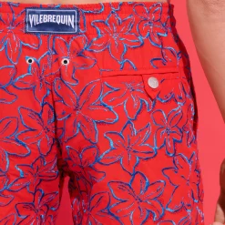 Discount Vilebrequin Men Swim Trunks Embroidered Raiatea - Limited Edition Poppy Red/Red