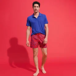 Discount Vilebrequin Men Swim Trunks Embroidered Raiatea - Limited Edition Poppy Red/Red