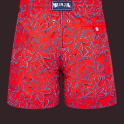 Discount Vilebrequin Men Swim Trunks Embroidered Raiatea - Limited Edition Poppy Red/Red