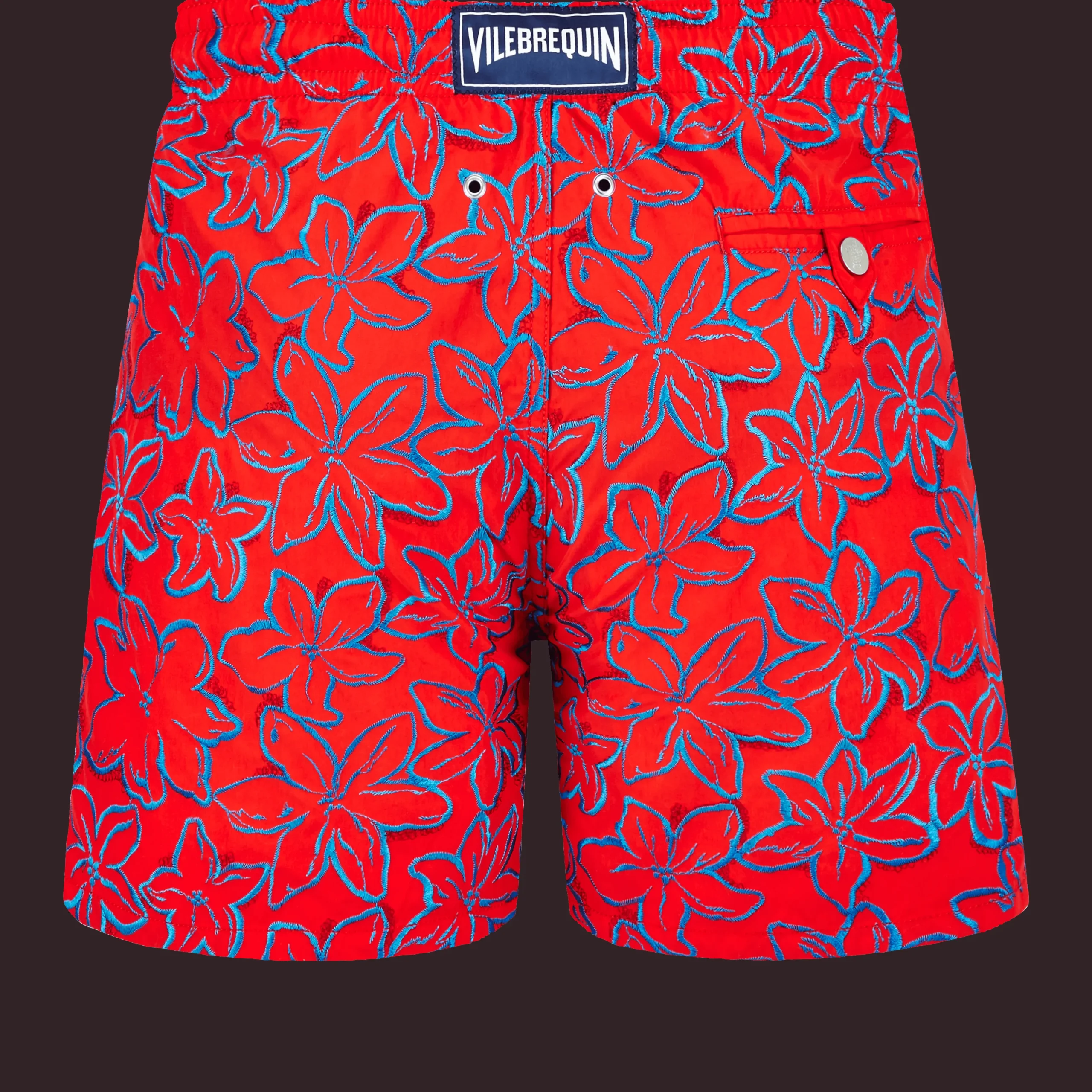 Discount Vilebrequin Men Swim Trunks Embroidered Raiatea - Limited Edition Poppy Red/Red