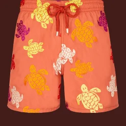 Sale Vilebrequin Men Swim Trunks Embroidered Ronde Tortues Multicolores - Limited Edition Tomette/Red