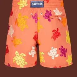 Sale Vilebrequin Men Swim Trunks Embroidered Ronde Tortues Multicolores - Limited Edition Tomette/Red