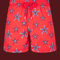 Fashion Vilebrequin Men Swim Trunks Embroidered Starfish Dance - Limited Edition Poppy Red/Red