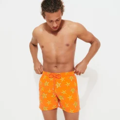 Discount Vilebrequin Men Swim Trunks Embroidered Starfish Dance - Limited Edition Tango/Orange
