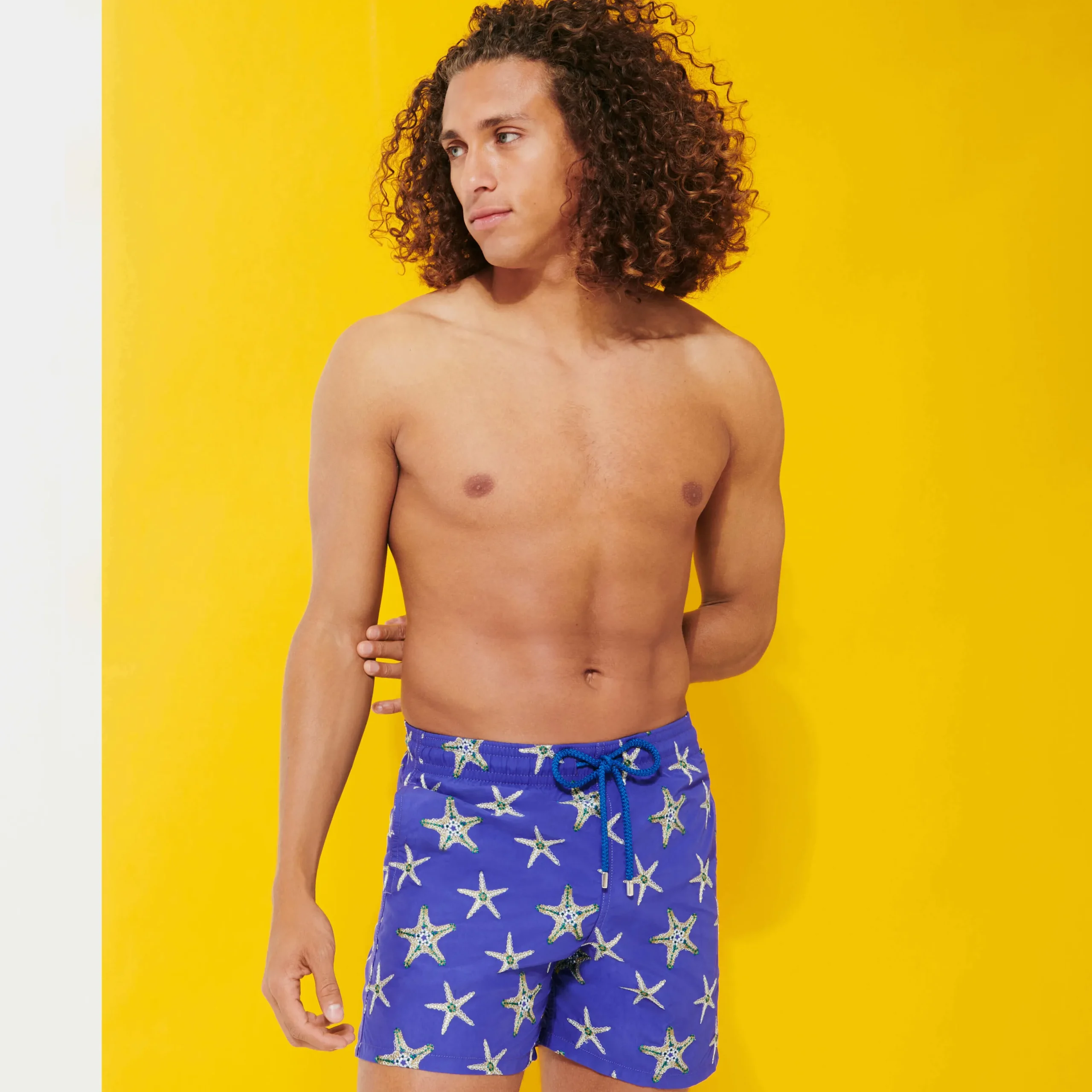 Shop Vilebrequin Men Swim Trunks Embroidered Starfish Dance - Limited Edition Purple Blue/Blue