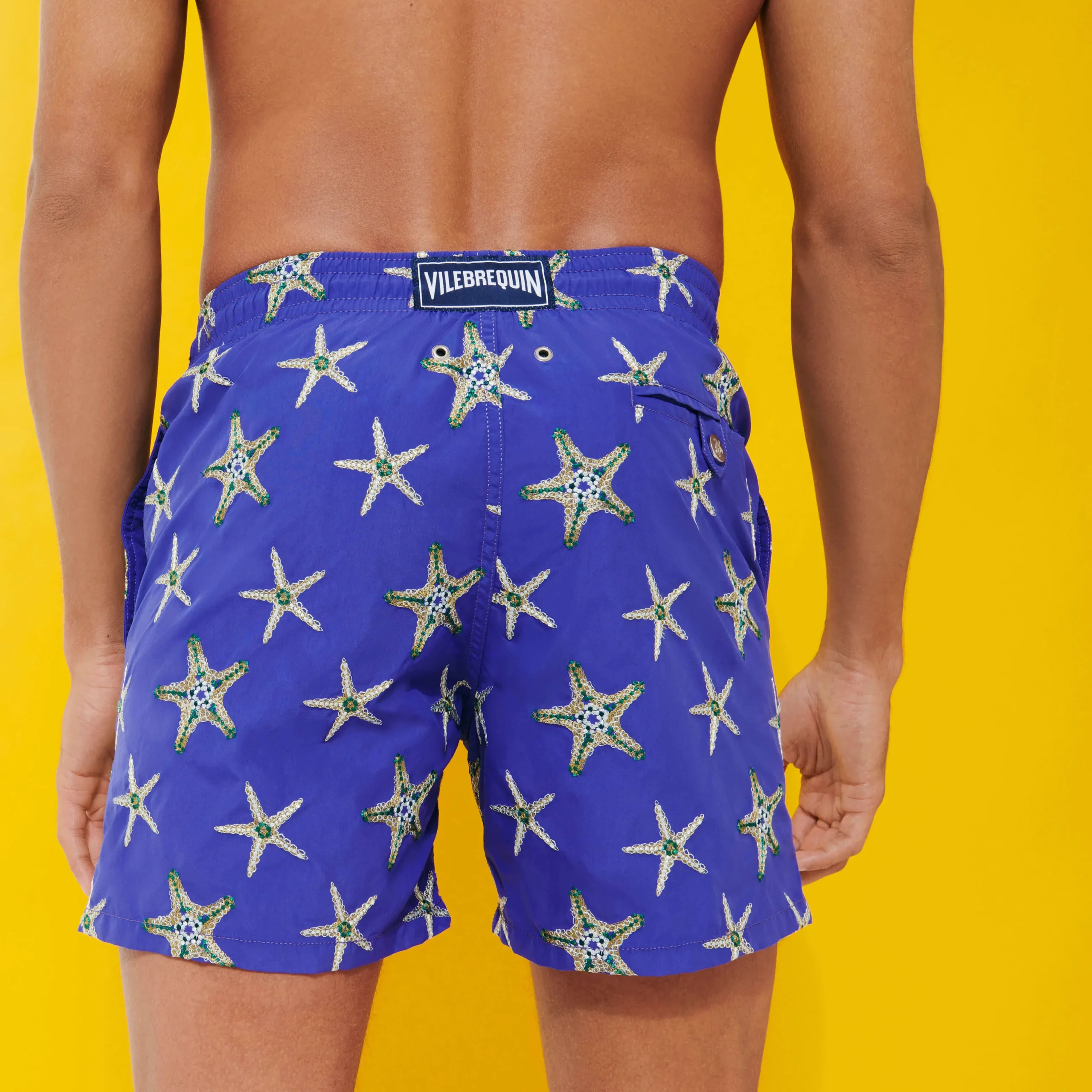 Shop Vilebrequin Men Swim Trunks Embroidered Starfish Dance - Limited Edition Purple Blue/Blue