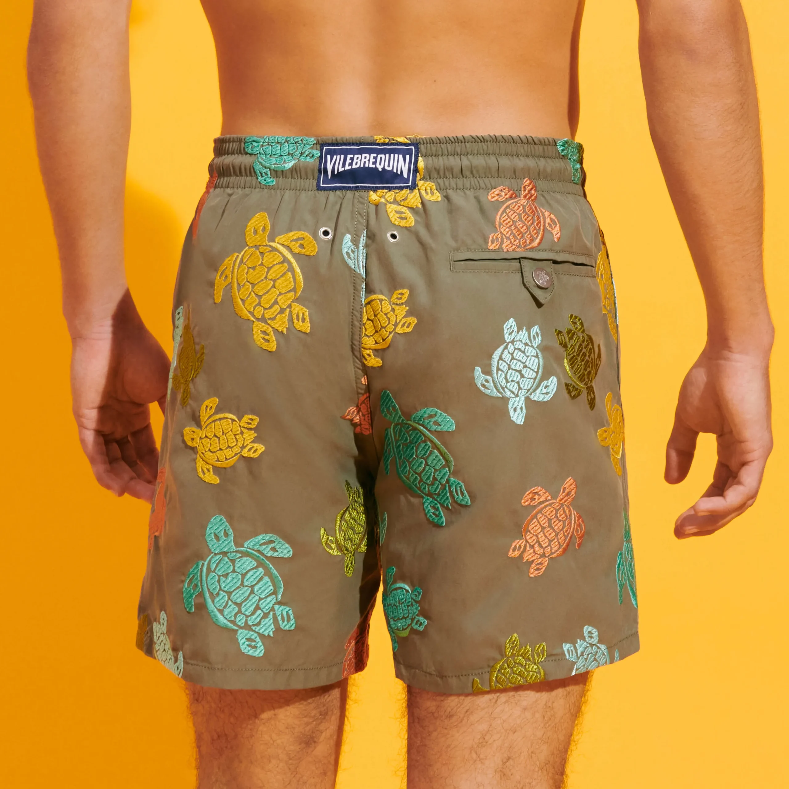Shop Vilebrequin Men Swim Trunks Embroidered Ronde Tortues Multicolores - Limited Edition Olivier/Green