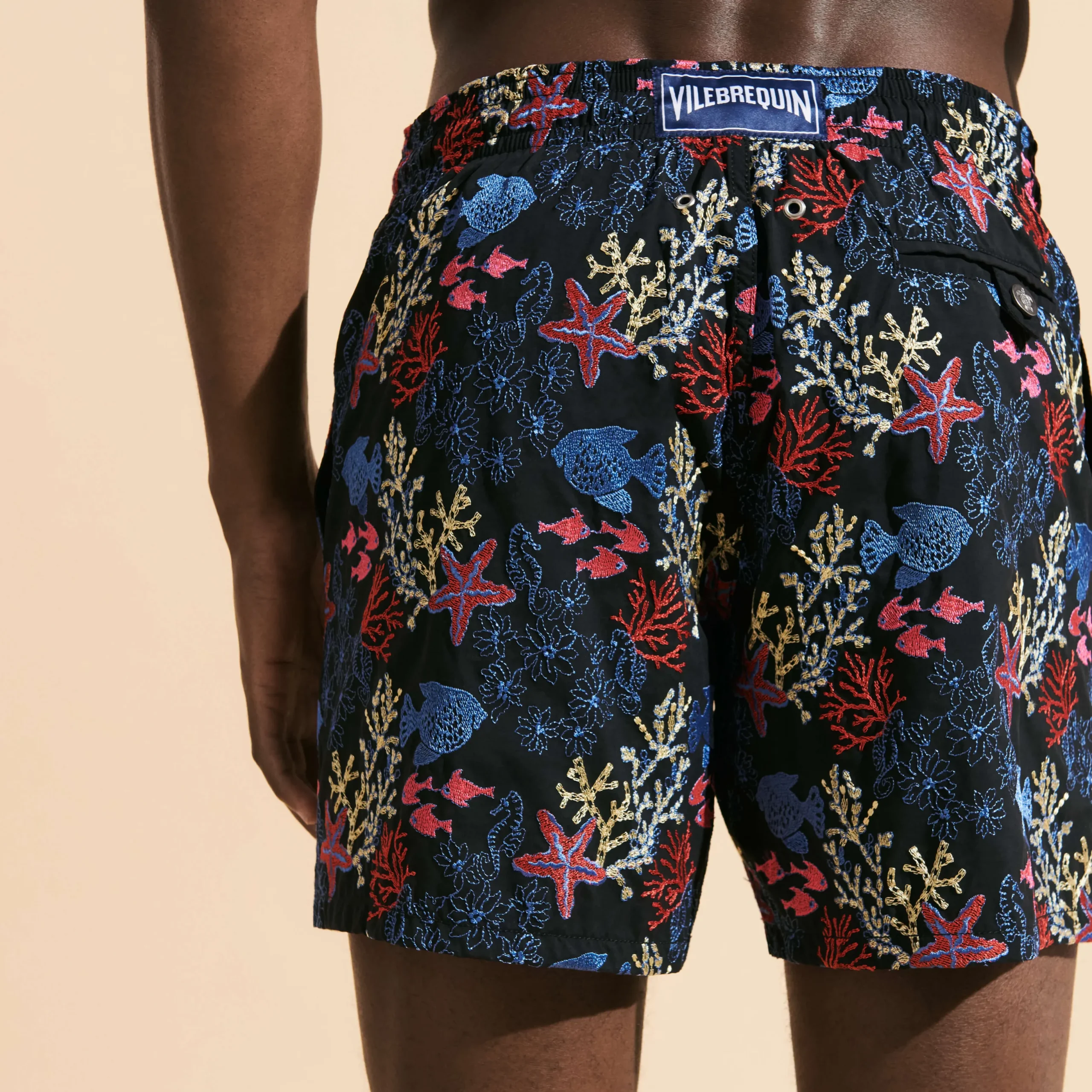 Shop Vilebrequin Men Swim Trunks Embroidered Fond Marins - Limited Edition Black/Black