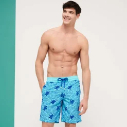 Outlet Vilebrequin Men Swim Trunks Long Turtles Splash Flocked Lazulii Blue/Blue