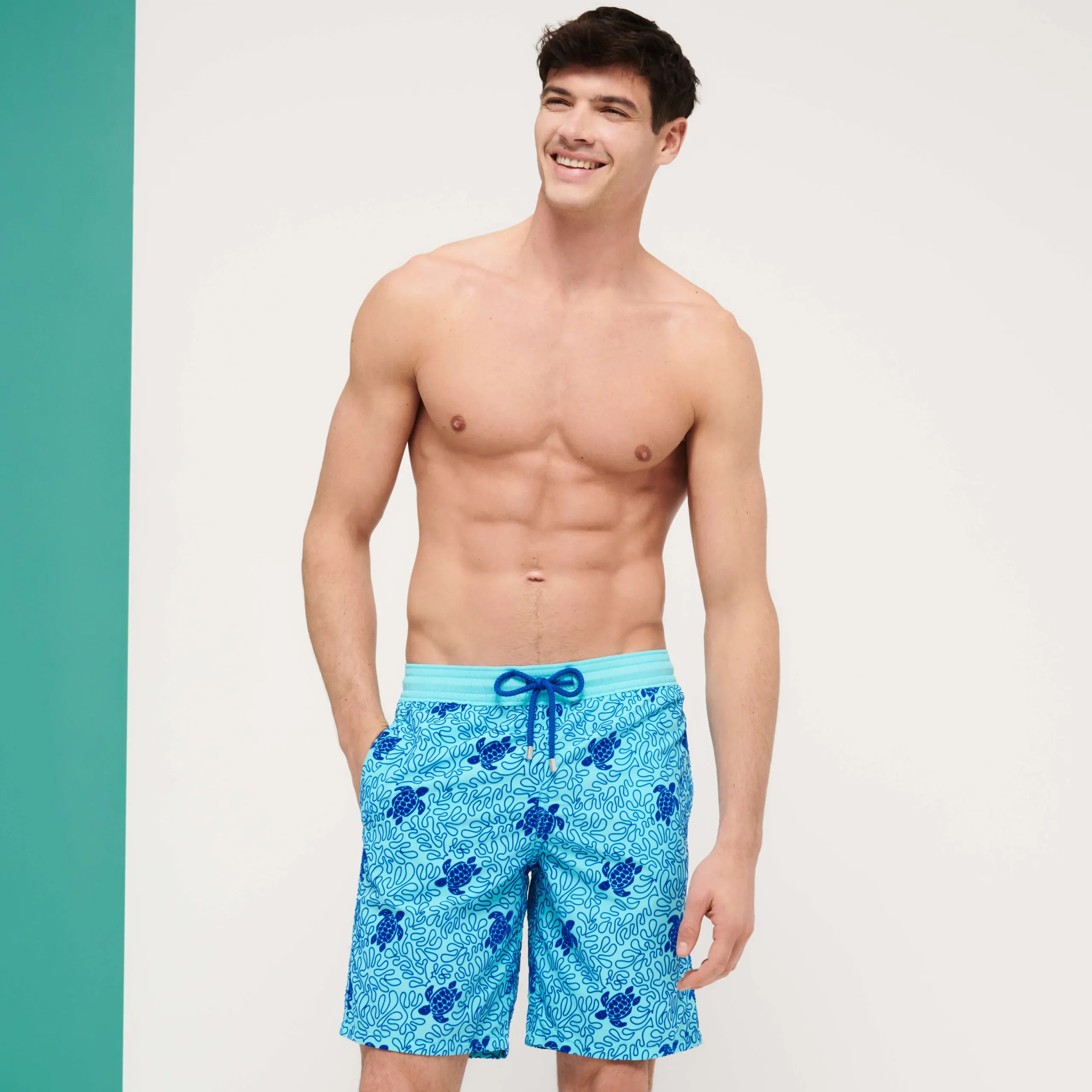 Outlet Vilebrequin Men Swim Trunks Long Turtles Splash Flocked Lazulii Blue/Blue