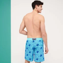 Outlet Vilebrequin Men Swim Trunks Long Turtles Splash Flocked Lazulii Blue/Blue