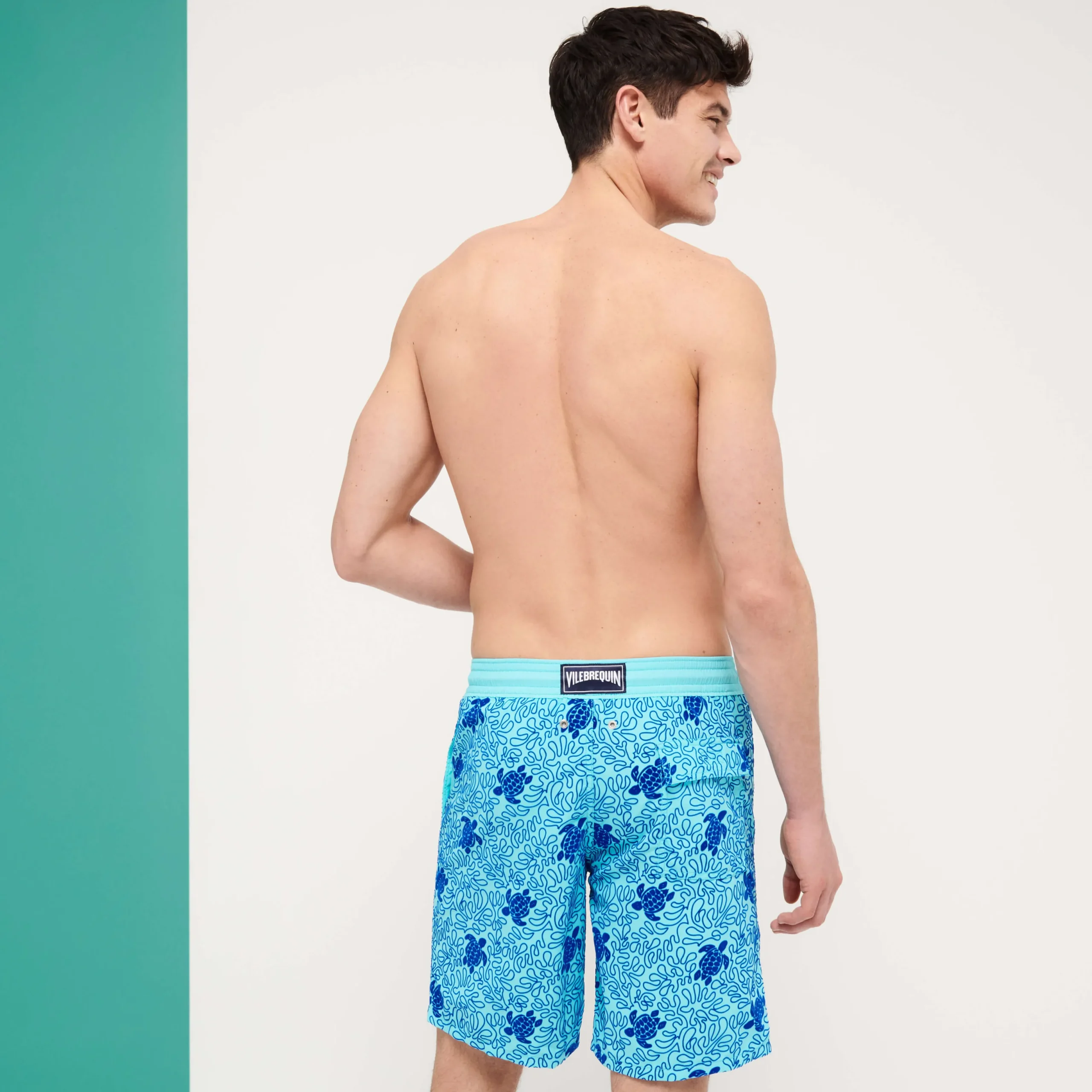 Outlet Vilebrequin Men Swim Trunks Long Turtles Splash Flocked Lazulii Blue/Blue