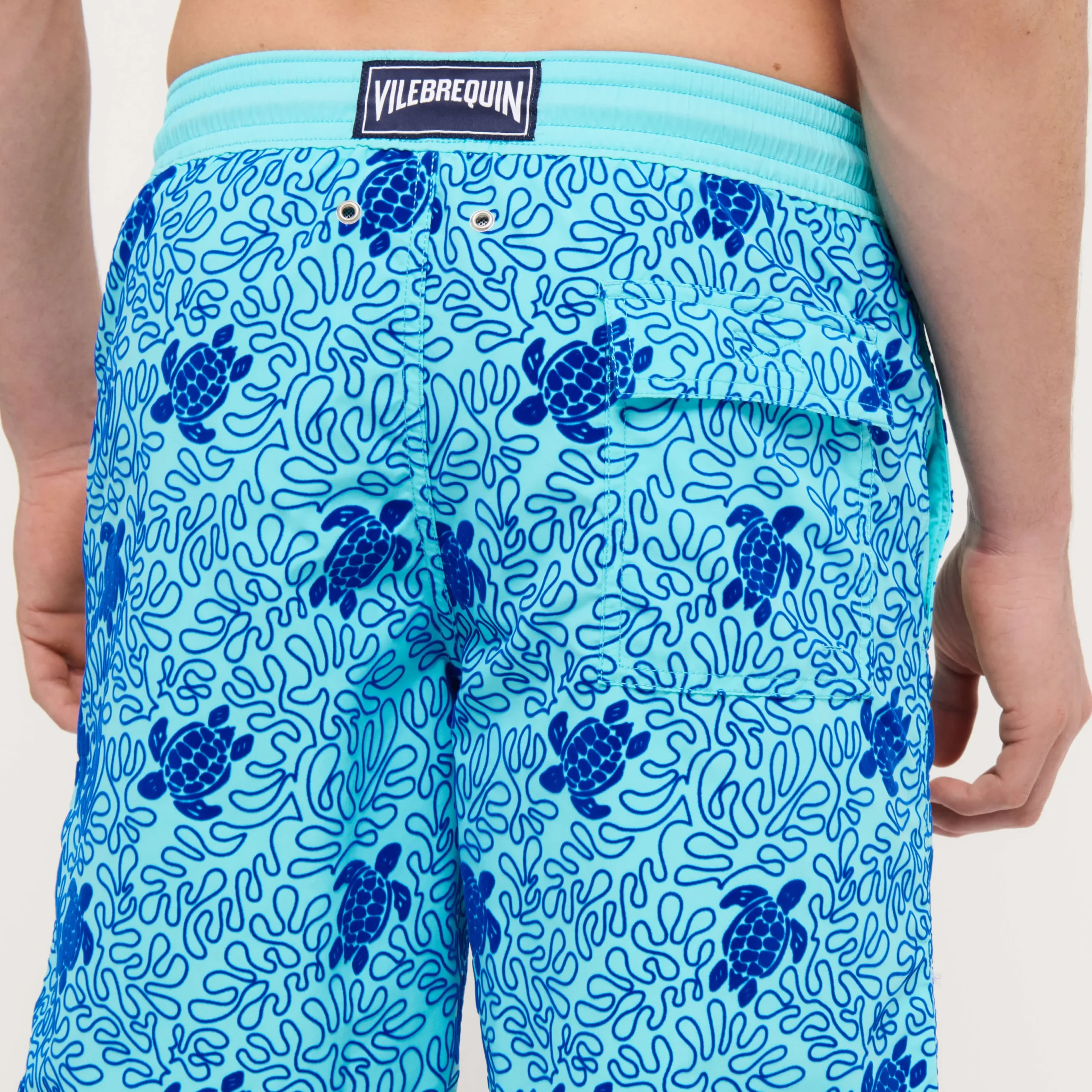 Outlet Vilebrequin Men Swim Trunks Long Turtles Splash Flocked Lazulii Blue/Blue