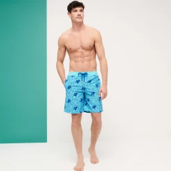 Outlet Vilebrequin Men Swim Trunks Long Turtles Splash Flocked Lazulii Blue/Blue