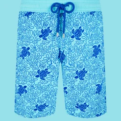 Outlet Vilebrequin Men Swim Trunks Long Turtles Splash Flocked Lazulii Blue/Blue