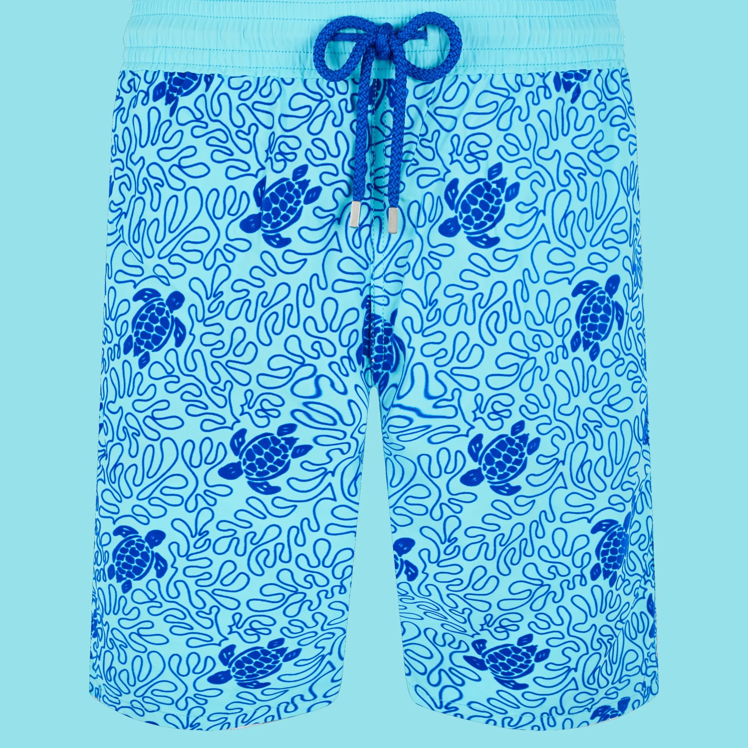 Outlet Vilebrequin Men Swim Trunks Long Turtles Splash Flocked Lazulii Blue/Blue