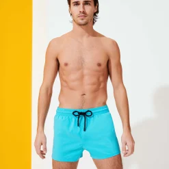 New Vilebrequin Men Swim Trunks Short And Fitted Stretch Solid Azure/Blue