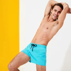 New Vilebrequin Men Swim Trunks Short And Fitted Stretch Solid Azure/Blue