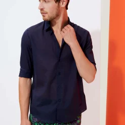 Shop Vilebrequin Unisex Cotton Shirt Solid Navy/Blue