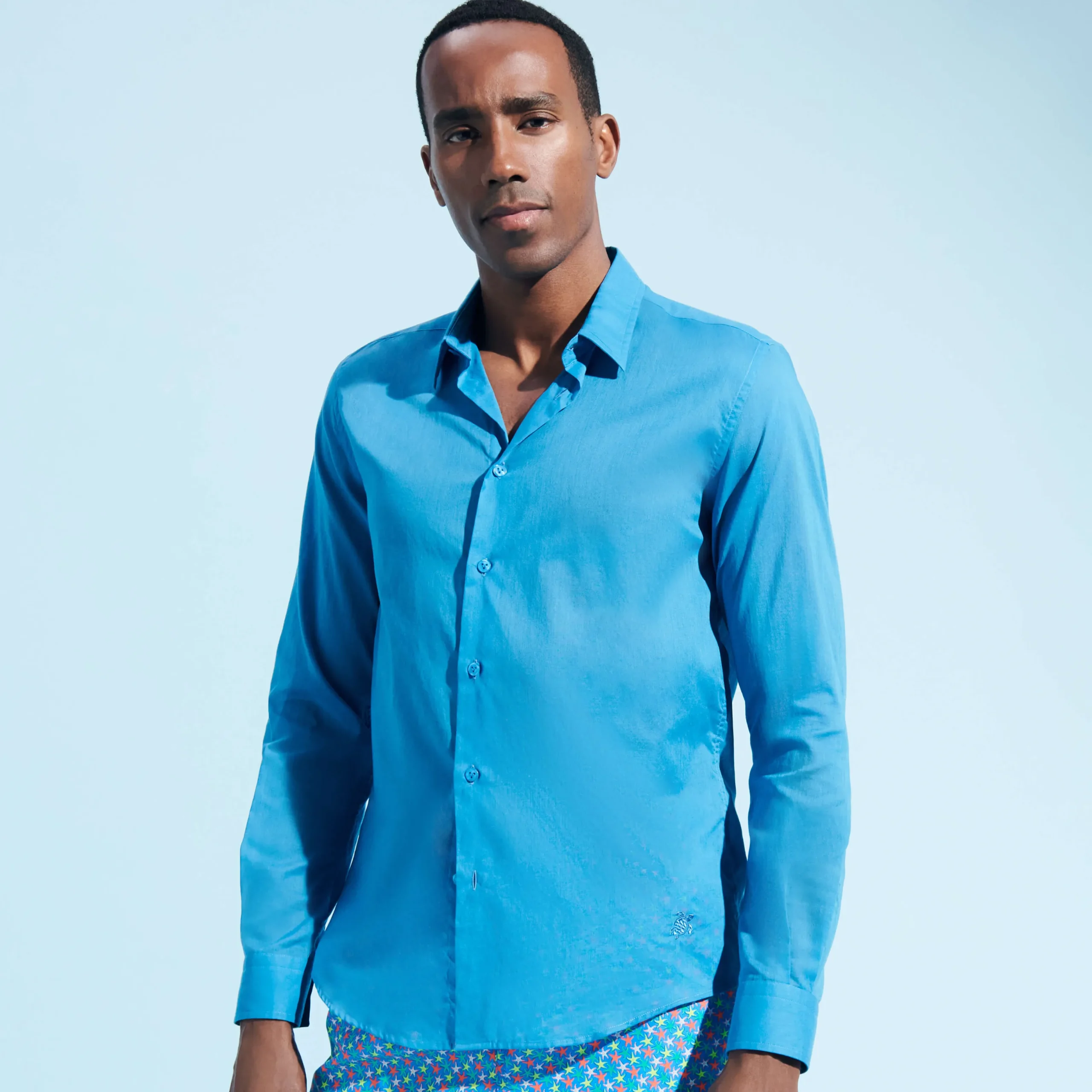 New Vilebrequin Unisex Cotton Voile Lightweight Shirt Solid Calanque/Blue