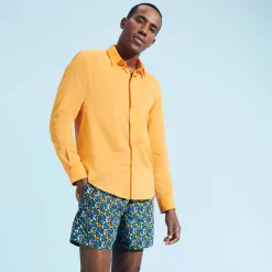 Shop Vilebrequin Unisex Cotton Voile Lightweight Shirt Solid Carrot/Orange