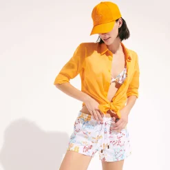 Shop Vilebrequin Unisex Cotton Voile Lightweight Shirt Solid Carrot/Orange
