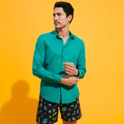Flash Sale Vilebrequin Unisex Cotton Voile Lightweight Shirt Solid Emerald/Green