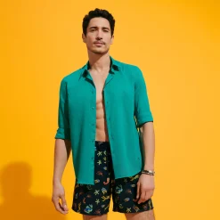 Flash Sale Vilebrequin Unisex Cotton Voile Lightweight Shirt Solid Emerald/Green