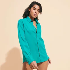 Flash Sale Vilebrequin Unisex Cotton Voile Lightweight Shirt Solid Emerald/Green