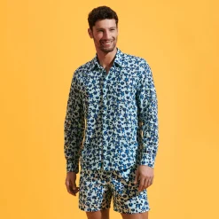 Discount Vilebrequin Unisex Cotton Voile Lightweight Shirt Turtles Leopard Thalassa/Blue