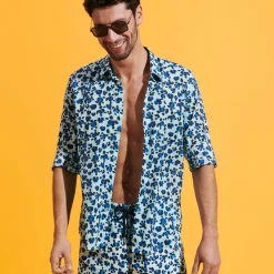 Discount Vilebrequin Unisex Cotton Voile Lightweight Shirt Turtles Leopard Thalassa/Blue