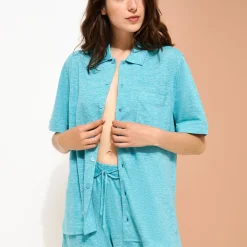 Flash Sale Vilebrequin Unisex Linen Bowling Shirt Solid Heather Azure/Blue