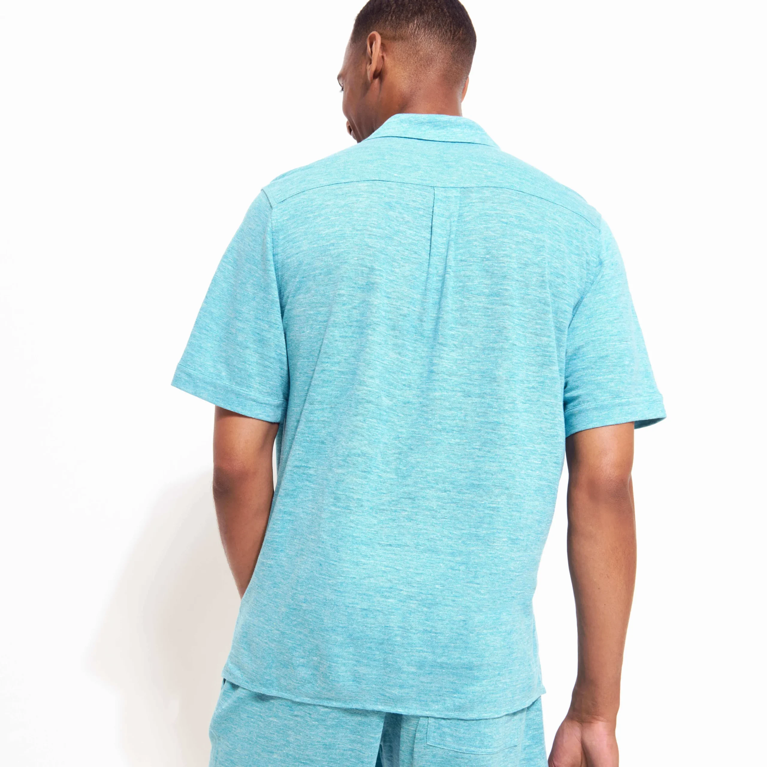 Flash Sale Vilebrequin Unisex Linen Bowling Shirt Solid Heather Azure/Blue