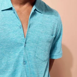 Flash Sale Vilebrequin Unisex Linen Bowling Shirt Solid Heather Azure/Blue