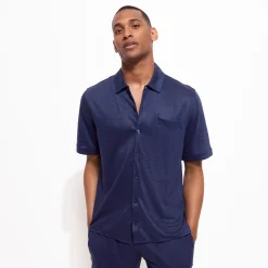 New Vilebrequin Unisex Linen Bowling Shirt Solid Navy/Blue