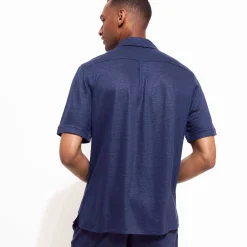 New Vilebrequin Unisex Linen Bowling Shirt Solid Navy/Blue