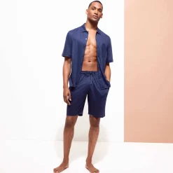 New Vilebrequin Unisex Linen Bowling Shirt Solid Navy/Blue