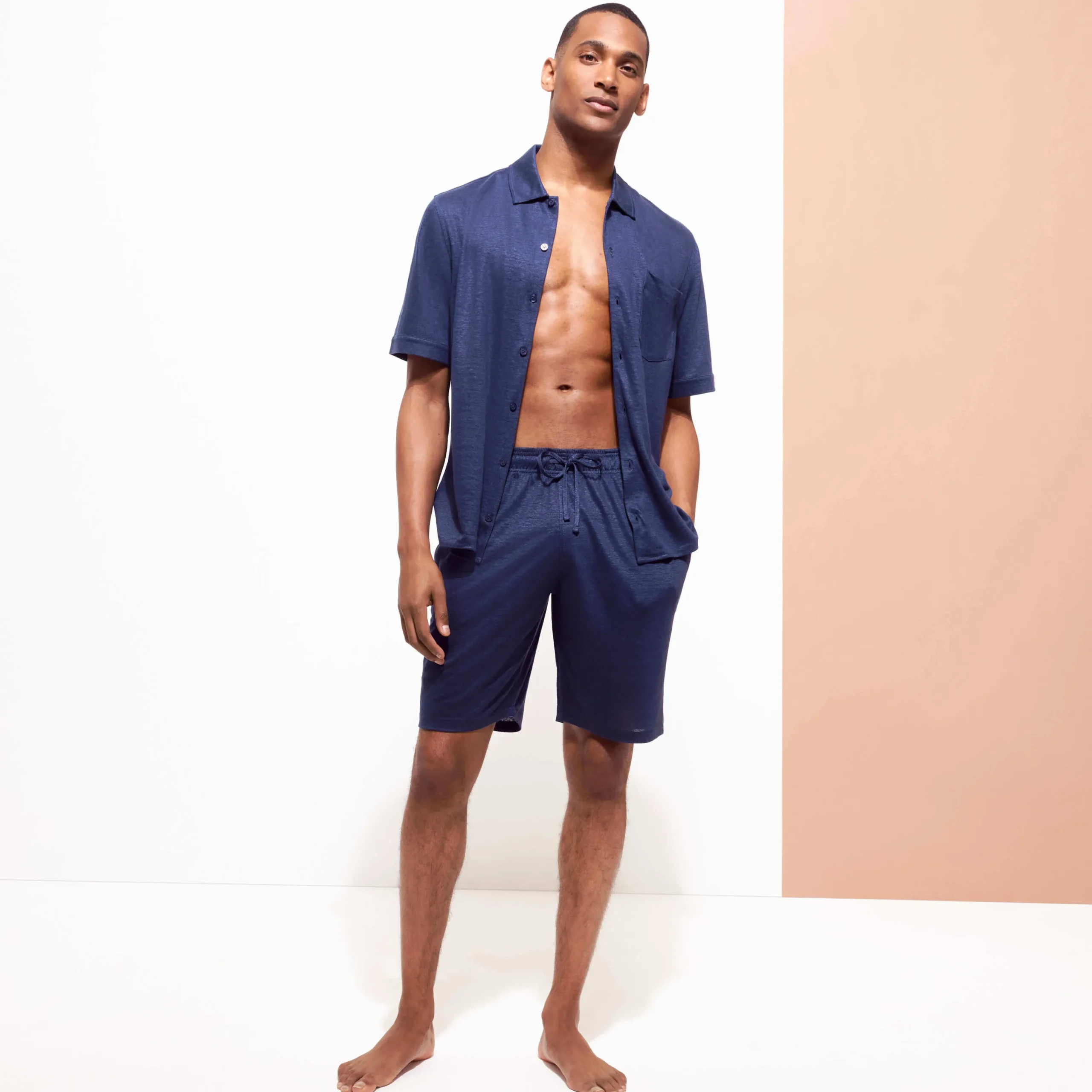 New Vilebrequin Unisex Linen Bowling Shirt Solid Navy/Blue