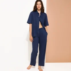 New Vilebrequin Unisex Linen Bowling Shirt Solid Navy/Blue