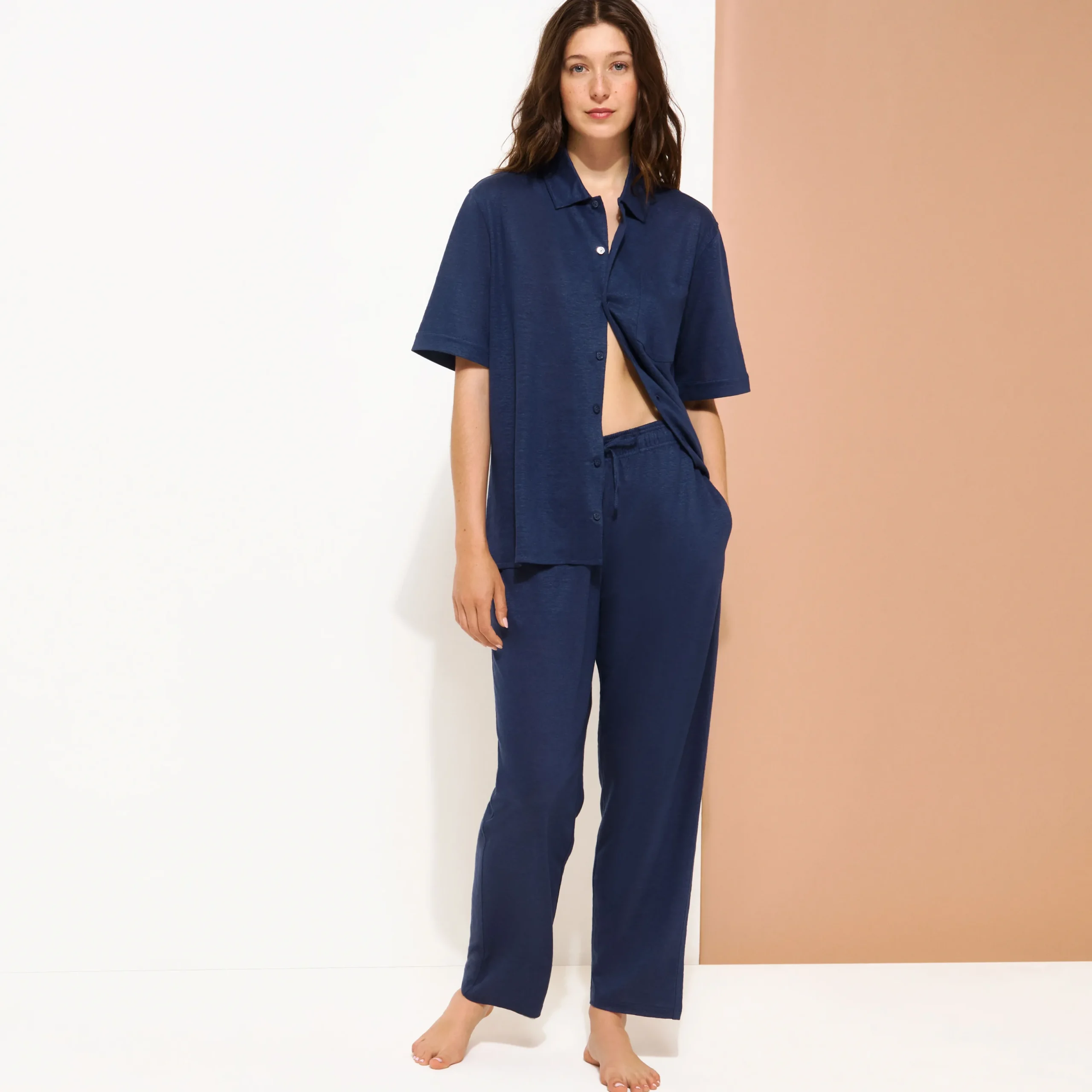 New Vilebrequin Unisex Linen Bowling Shirt Solid Navy/Blue