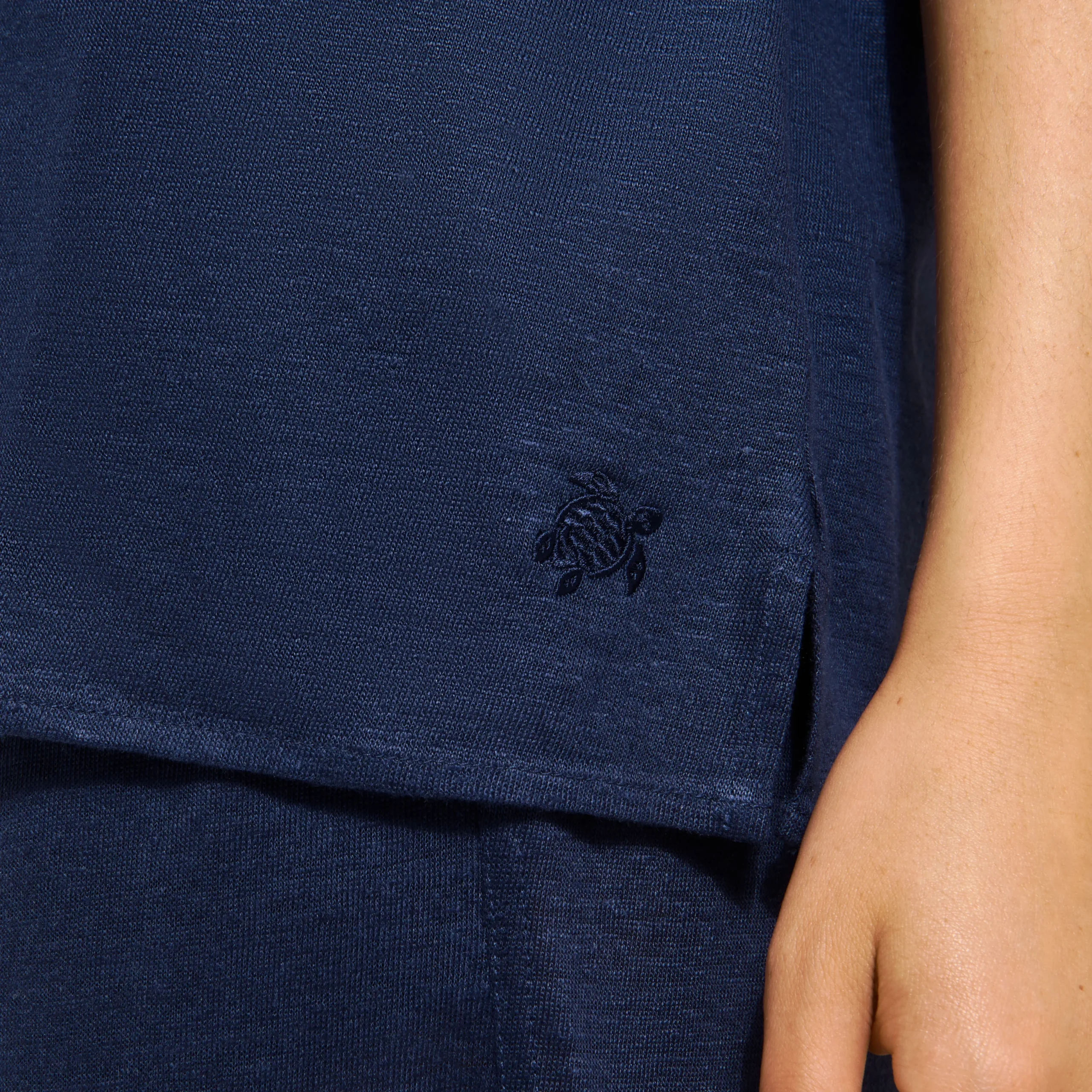 New Vilebrequin Unisex Linen Bowling Shirt Solid Navy/Blue