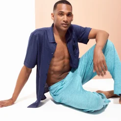 New Vilebrequin Unisex Linen Pants Solid Heather Azure/Blue