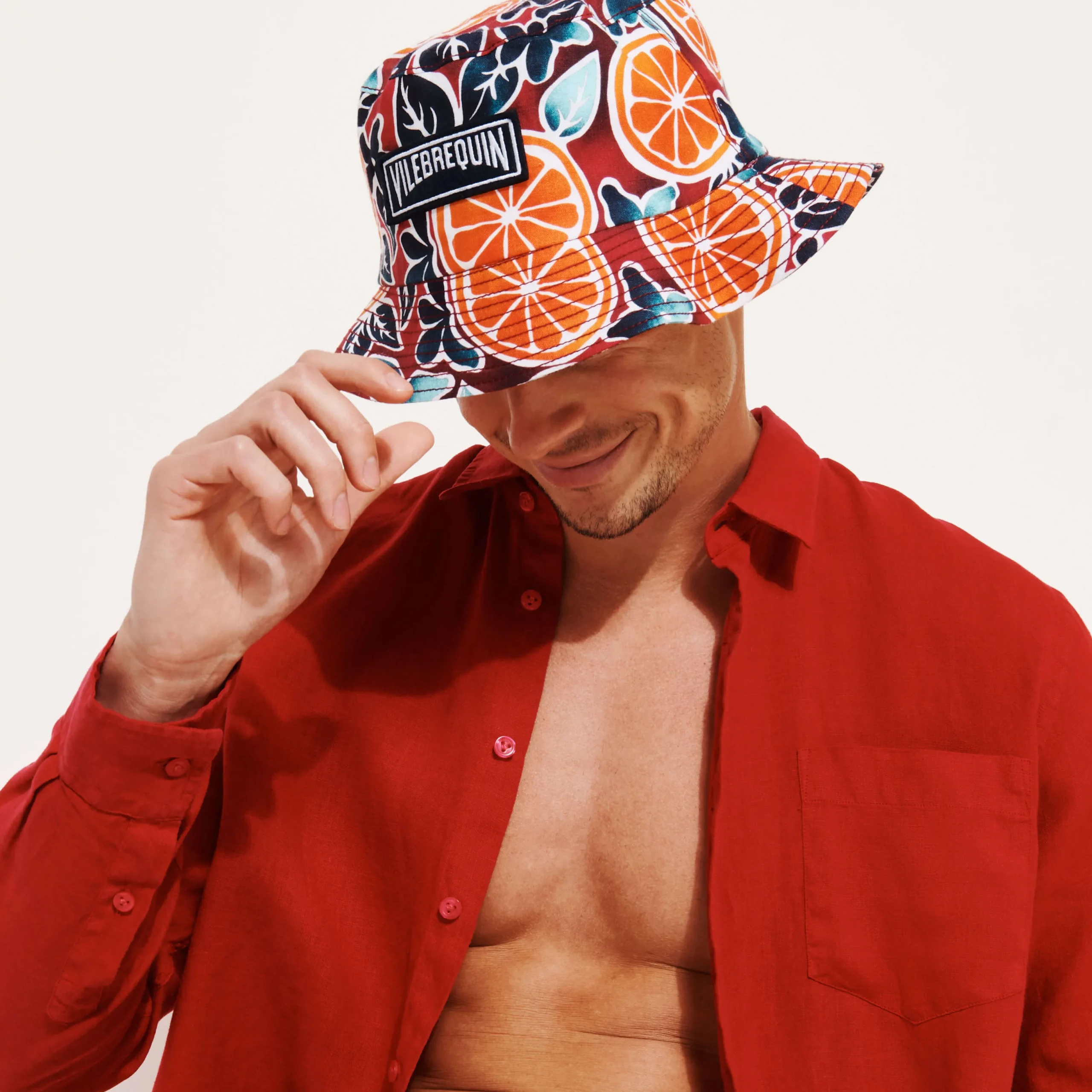 Shop Vilebrequin Unisex Linen Printed Hat Presse Citron Burgundy/Red