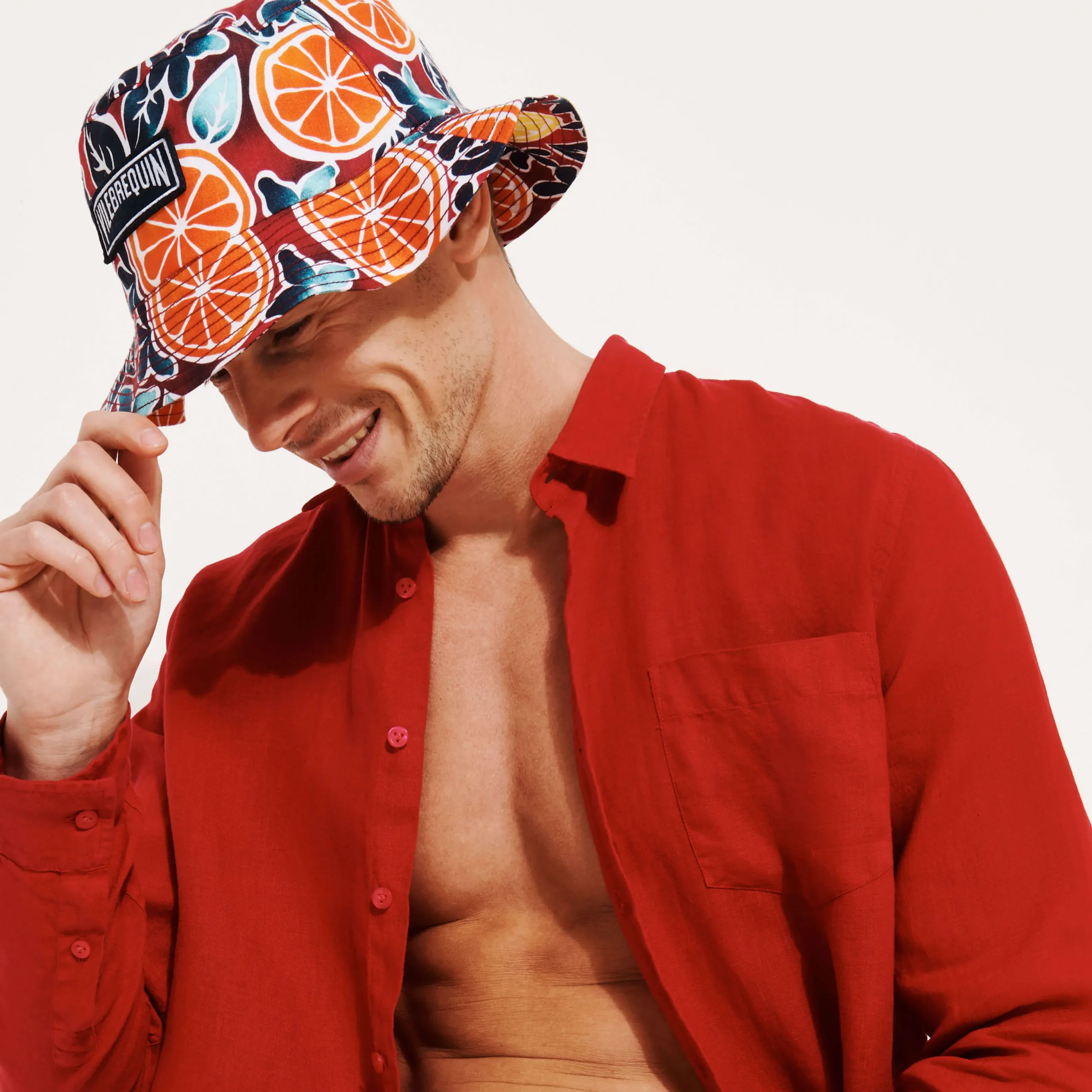 Shop Vilebrequin Unisex Linen Printed Hat Presse Citron Burgundy/Red
