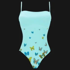 Sale Vilebrequin Women Bustier One-Piece Swimsuit Butterflies Lagoon/Blue