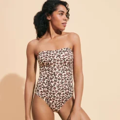 New Vilebrequin Women Bustier One-Piece Swimsuit Turtles Leopard Straw/Yellow