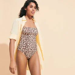 New Vilebrequin Women Bustier One-Piece Swimsuit Turtles Leopard Straw/Yellow