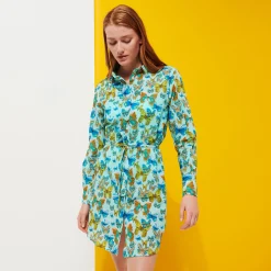 Clearance Vilebrequin Women Cotton Shirt Dress Butterflies Lagoon/Blue